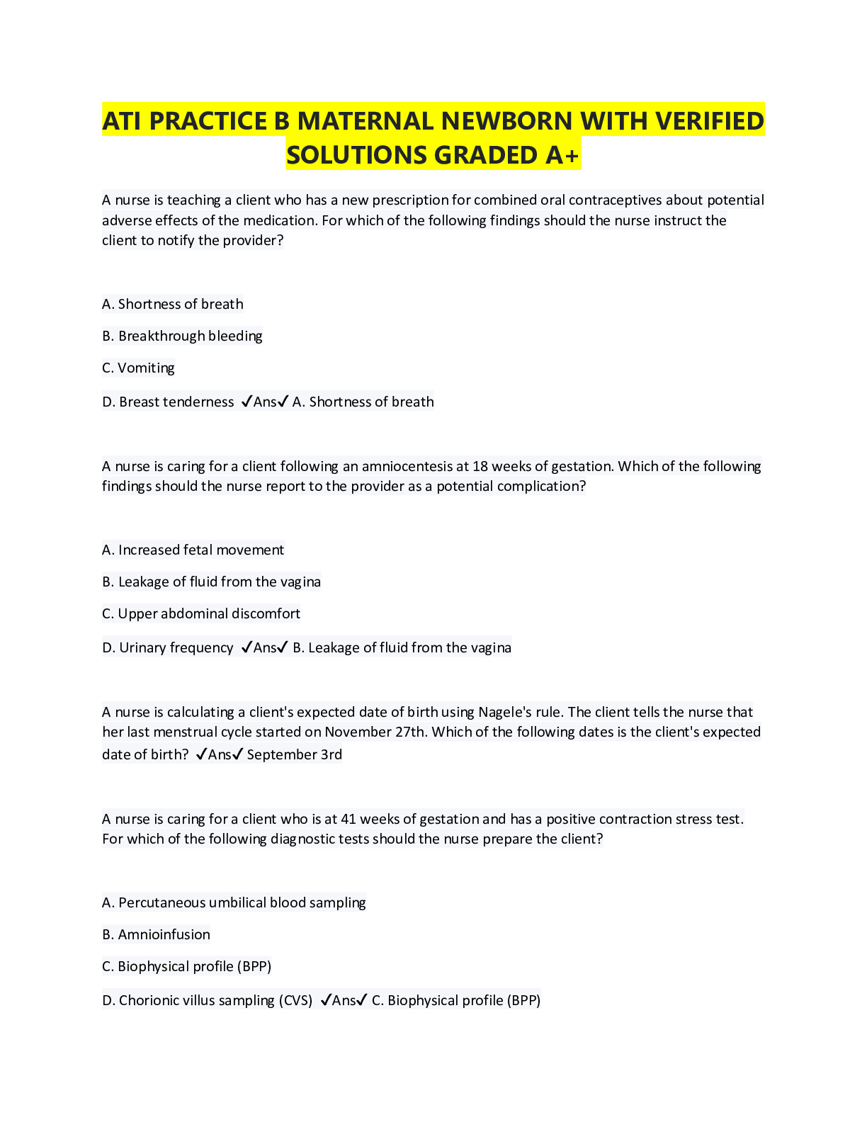 Preview image for ATI PRACTICE B MATERNAL NEWBORN WITH VERIFIED SOLUTIONS GRADED A+